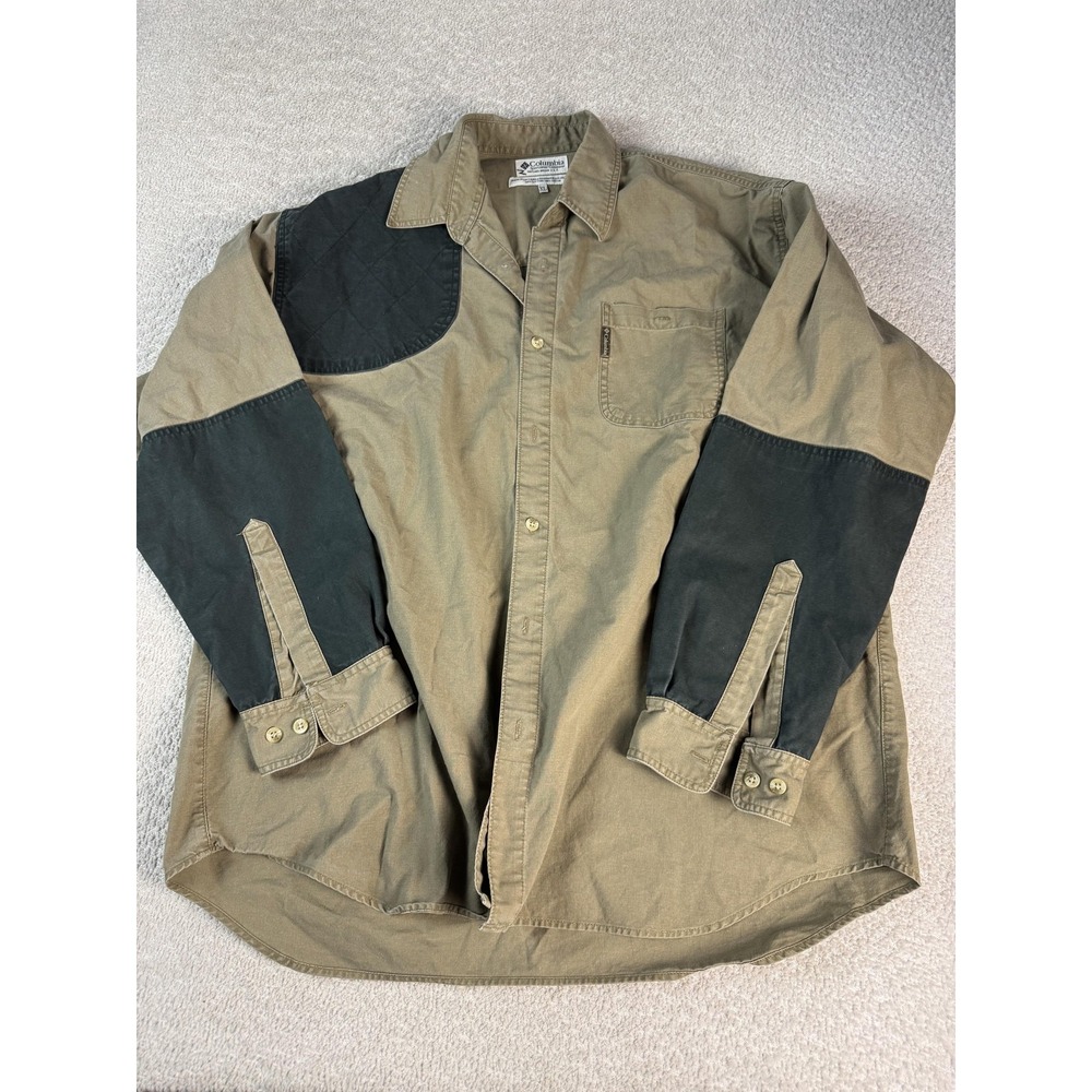Columbia Shirt Mens XL Brown Button Down Field Outdoor Shooting Patches Cotton
